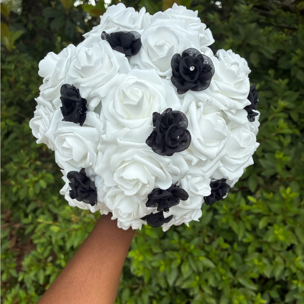 Elegant White and Black Rose Bouquet (Handmade)
